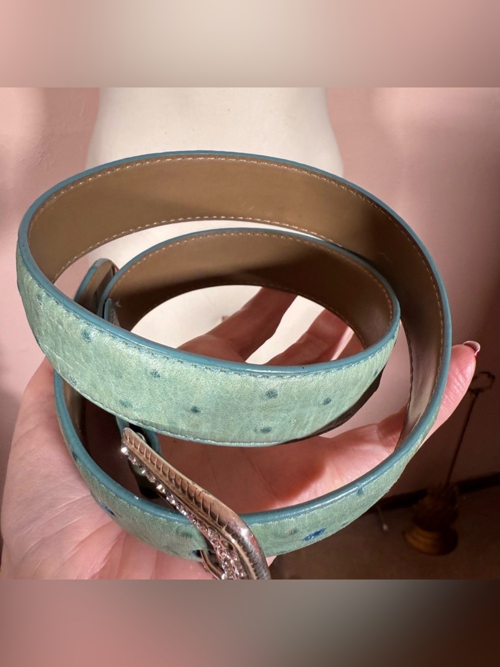 Roper turquoise ostrich embossed leather rhinestone silver buckle western belt - Picture 8 of 14